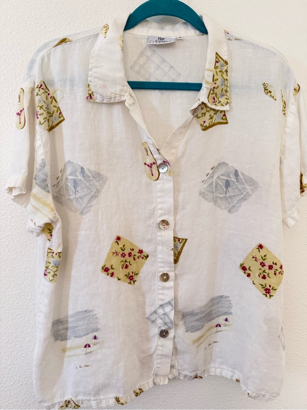 Hot Cotton Vintage 90s Linen Resort Shirt M White Coastal Beach Novelty Camp Top